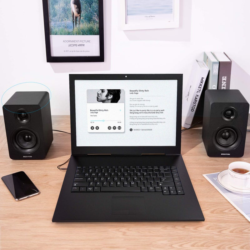 Sanyun SW208 3" Active Bluetooth 5.0 Bookshelf Speakers â€“ 60W Carbon Fiber Speaker Unit - Built-in 24bit DAC - Dynamic 3D Surround Sound â€“ 2.0 Computer PC Monitor Gaming Speakers (Pair, Black) - Image 5